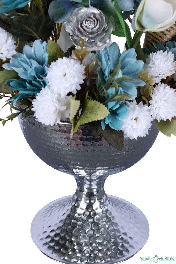 Gümüş Metal Vazoda Şık Mavi Beyaz Aranjman 45cm Mavi-Beyaz - 5