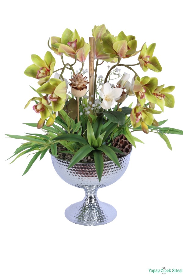 Gümüş Metal Vazoda Yapay Tropikal Singapur Orkide Tanzimi 60cm Yeşil-Beyaz - 2