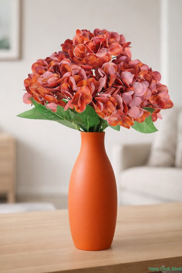 Islak Dokulu Yapay Ortanca Demeti 5 Dal Kiremit Kırmızısı - 1