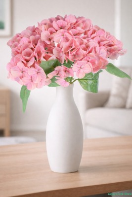 Islak Dokulu Yapay Ortanca Demeti 5 Dal Pembe - Yapay Çiçek Sitesi