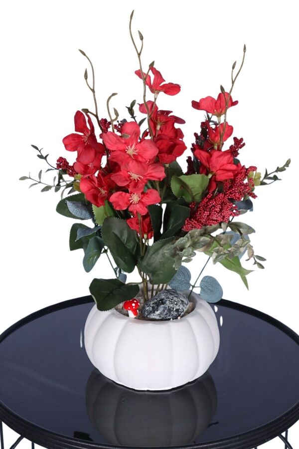 Küçük Kabak Beton Saksıda Yapay Yasemin Çiçeği Kırmızı - 1