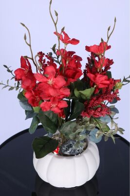 Küçük Kabak Beton Saksıda Yapay Yasemin Çiçeği Kırmızı - 3