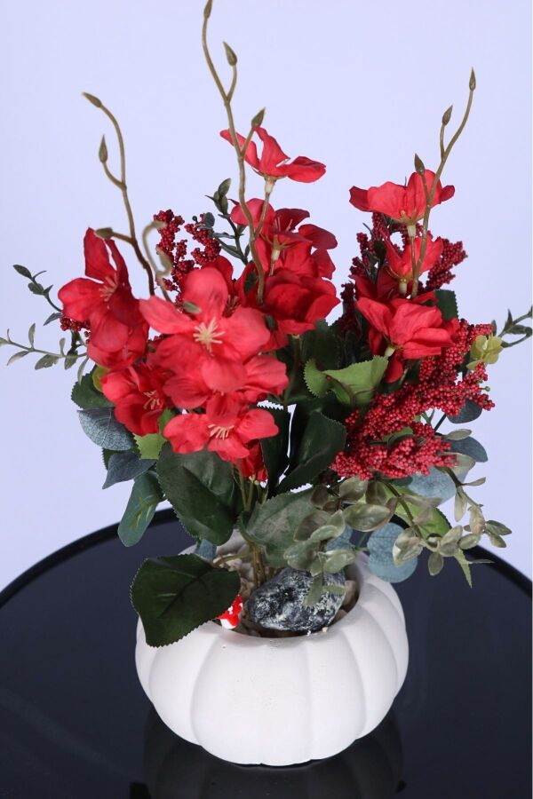 Küçük Kabak Beton Saksıda Yapay Yasemin Çiçeği Kırmızı - 3