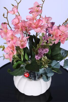 Küçük Kabak Beton Saksıda Yapay Yasemin Çiçeği Pembe - 3