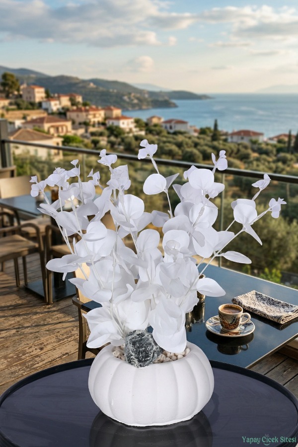 Küçük Kabak Saksıda Yapay Beyaz Okaliptus Şöleni 30 cm - 4