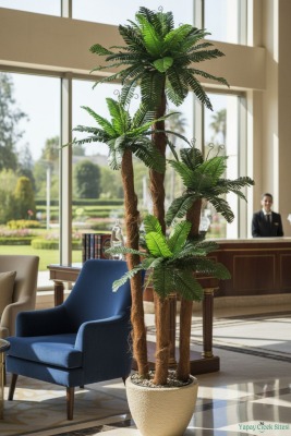 Kumaş Yapraklı Yapay Sıkas Ağacı 190 cm Bohem Krem Saksıda - 5