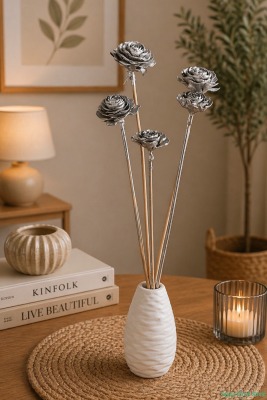 Kuru Çiçek Doğal Cedar Rose Gül 40 Cm 5li Gümüş - Yapay Çiçek Sitesi
