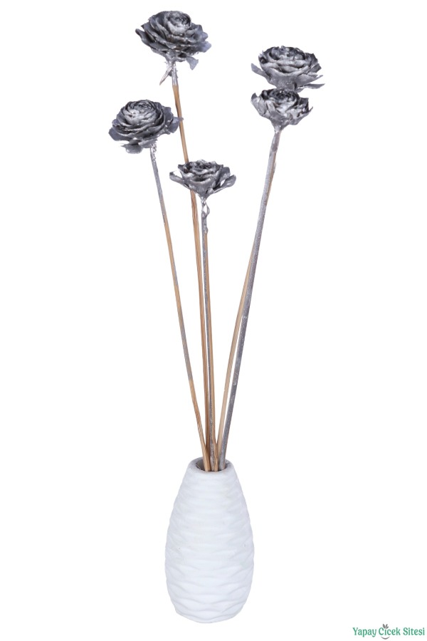 Kuru Çiçek Doğal Cedar Rose Gül 40 Cm 5li Gümüş - 2