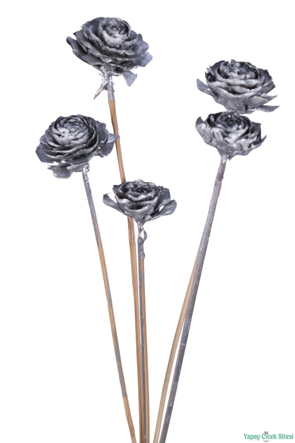 Kuru Çiçek Doğal Cedar Rose Gül 40 Cm 5li Gümüş - 3