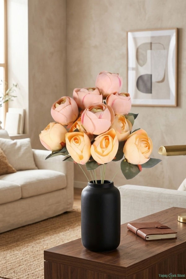 Lüks Görünümlü Yapay Şakayık Gül Demeti 50 cm Pembe-Somon - 1