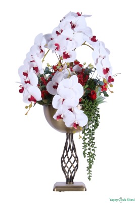 Metal Burgulu Vazoda Yapay Orkide Tanzimi 82cm Beyaz - 2