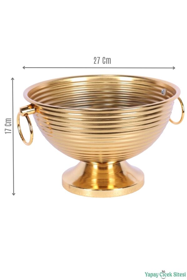 Metal Çizgili Küpeli Vazo 17 cm Altın - 2