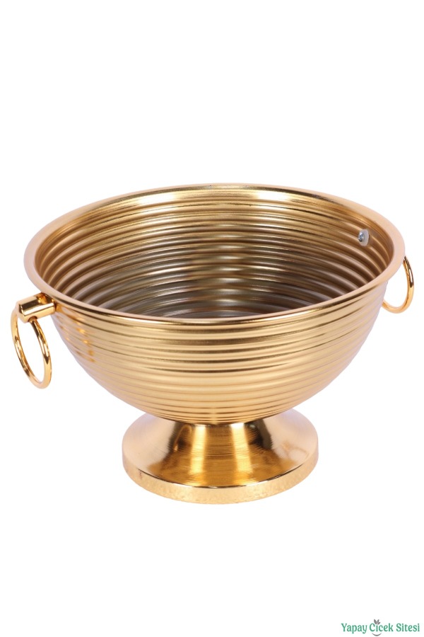 Metal Çizgili Küpeli Vazo 17 cm Altın - 3