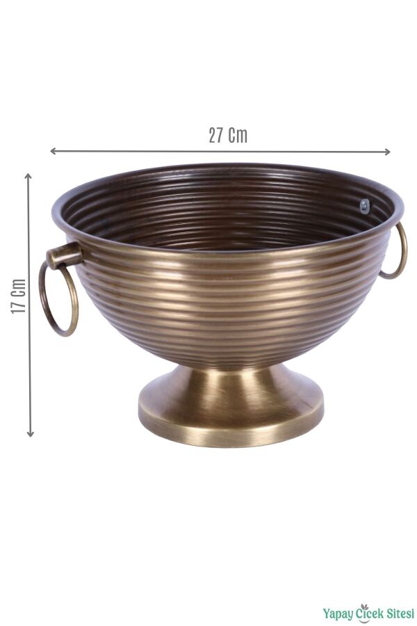 Metal Çizgili Küpeli Vazo 17 cm Bronz - 2
