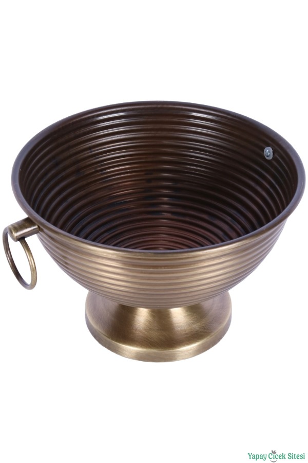Metal Çizgili Küpeli Vazo 17 cm Bronz - 3