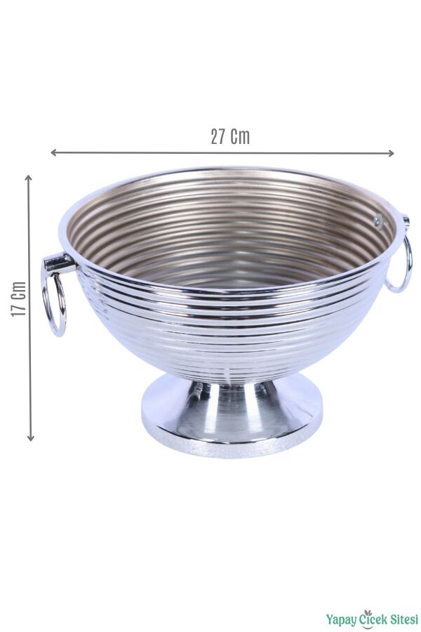 Metal Çizgili Küpeli Vazo 17 cm Gümüş - 2