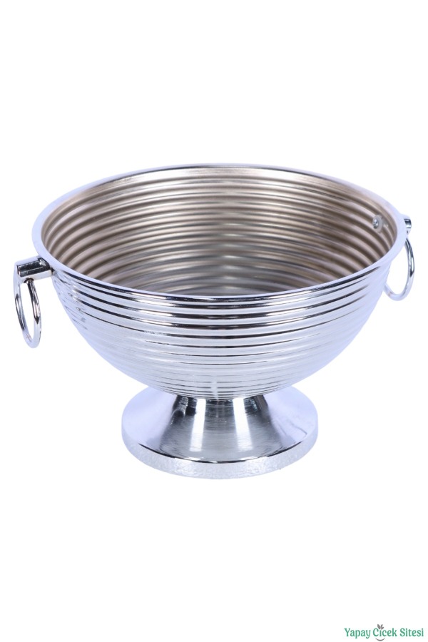 Metal Çizgili Küpeli Vazo 17 cm Gümüş - 3