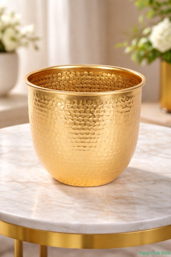Metal Darbeli Cezve Saksı 14 cm Altın - 1