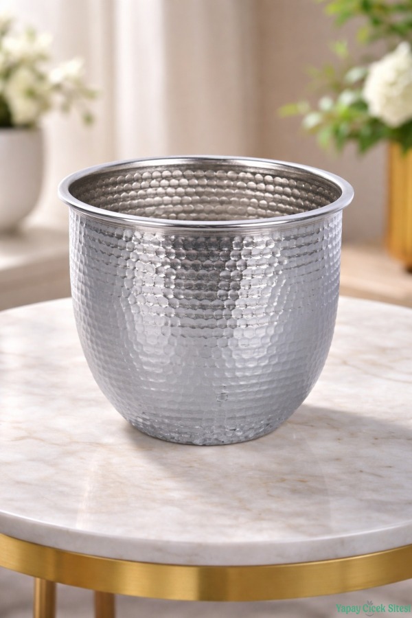 Metal Darbeli Cezve Saksı 14 cm Gümüş - 1