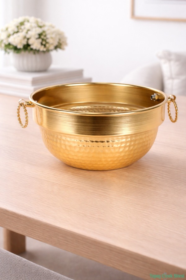 Metal Darbeli Küpeli Saksı 12.5 cm Altın - 1