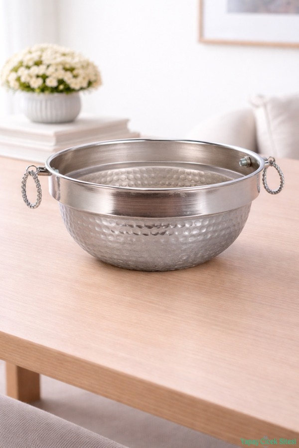 Metal Darbeli Küpeli Saksı 12.5 cm Gümüş - 1