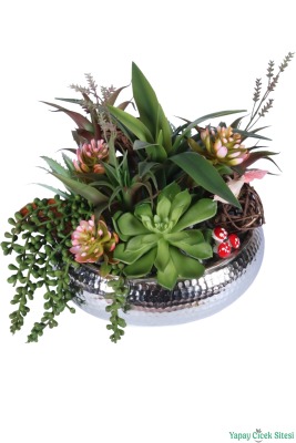 Metal Darbeli Ufo Saksıda Bitkili Aranjman 25 cm Yeşil - 2