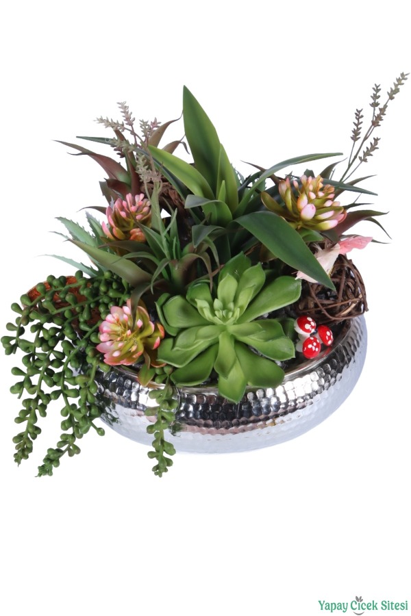 Metal Darbeli Ufo Saksıda Bitkili Aranjman 25 cm Yeşil - 2