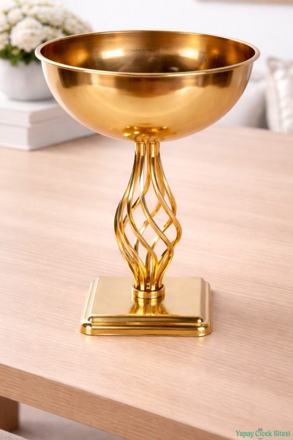 Metal Dekoratif Burgulu Geniş Vazo 39 cm Altın - 1