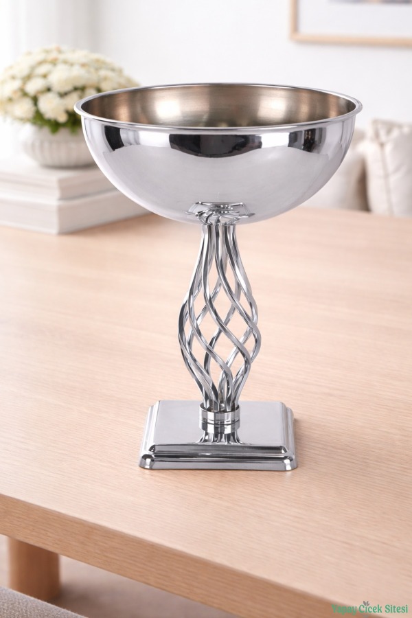 Metal Dekoratif Burgulu Geniş Vazo 39 cm Gümüş - 1