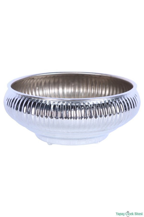 Metal Dekoratif Çizgili Ufo Saksı 8 cm Gümüş - 4
