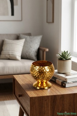 Metal Dekoratif Darbeli Küre Saksı 12 cm Altın - 3