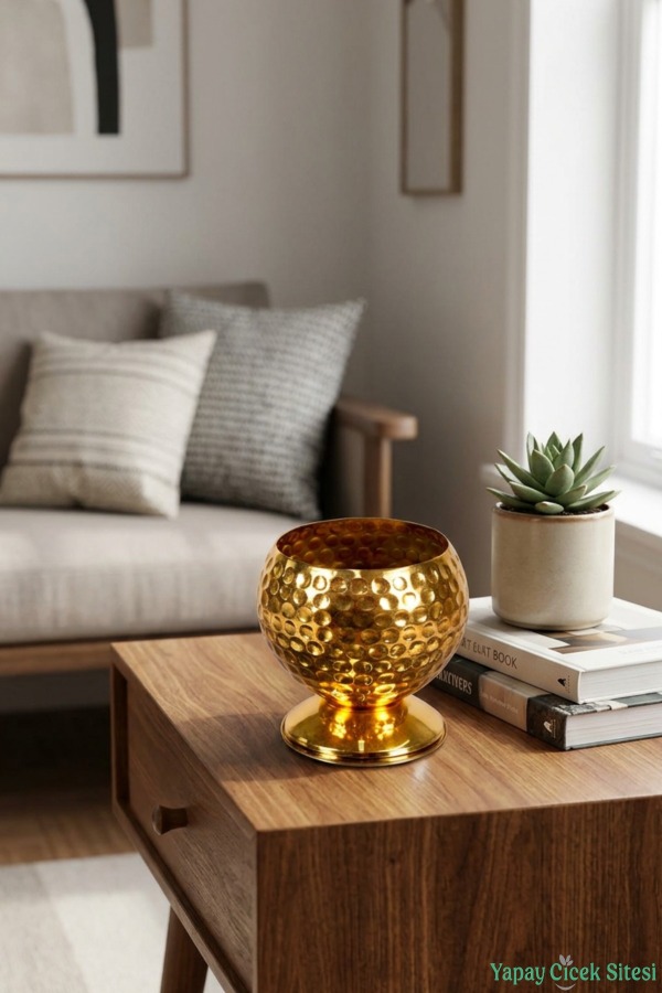 Metal Dekoratif Darbeli Küre Saksı 12 cm Altın - 3