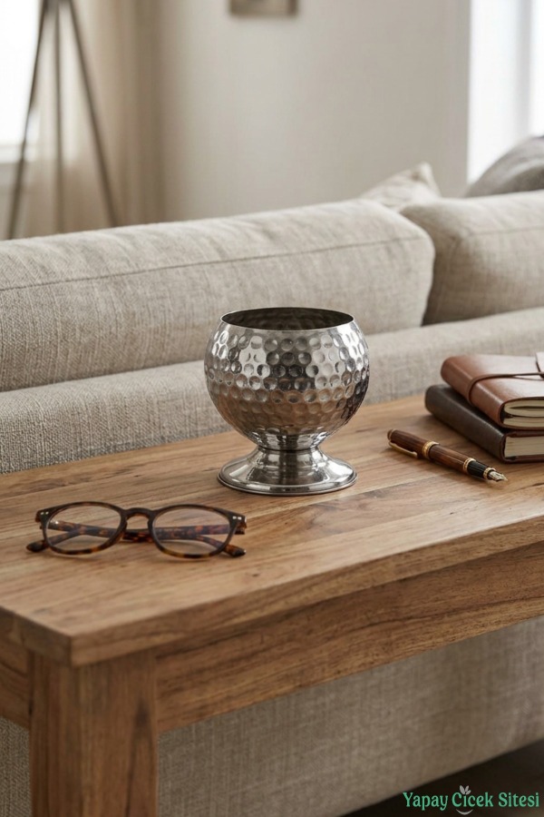 Metal Dekoratif Darbeli Küre Saksı 12 cm Gümüş - 3