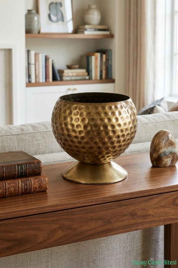 Metal Dekoratif Darbeli Küre Saksı 15 cm Bronz - 3