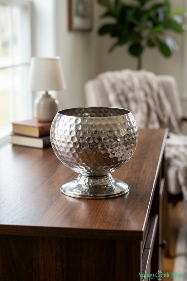 Metal Dekoratif Darbeli Küre Saksı 15 cm Gümüş - 3