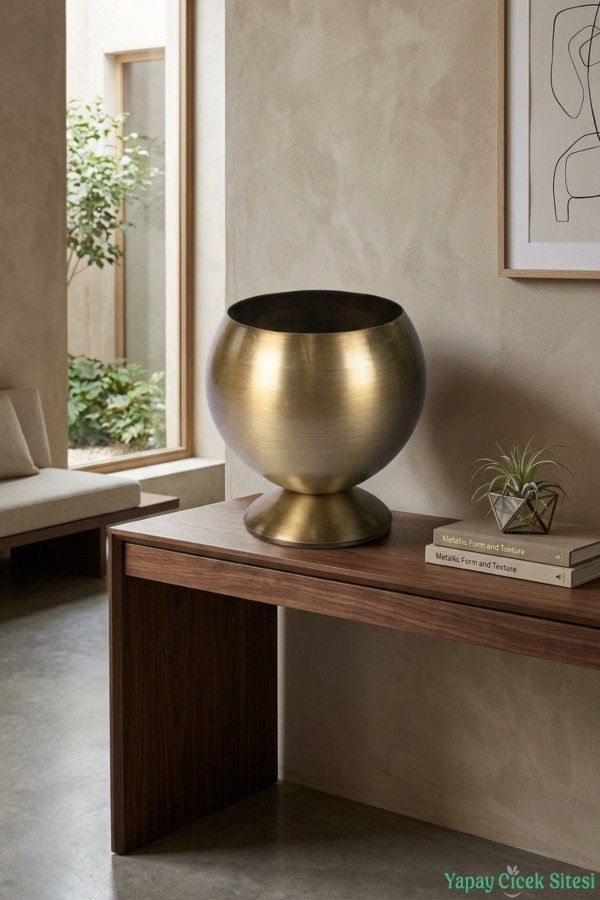 Metal Dekoratif Küre Saksı 15 cm Bronz - 3