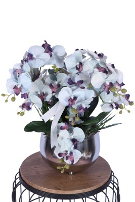 Metal Dekoratif Saksıda Yapay Orkide Tanzimi 45 cm Açık Mavi - 3