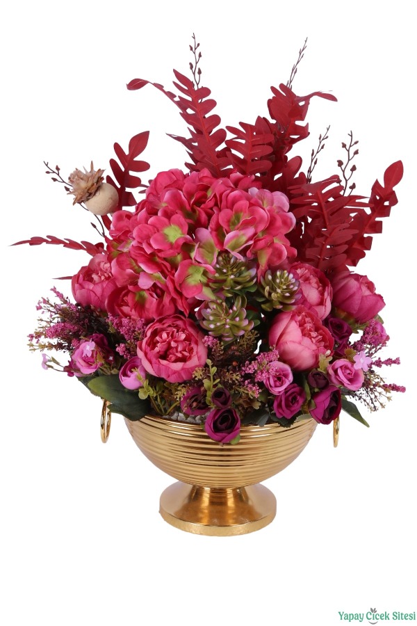 Metal Küpeli Saksıda Yapay Şakayık Tanzimi 61cm Pembe-Kırmızı - 2