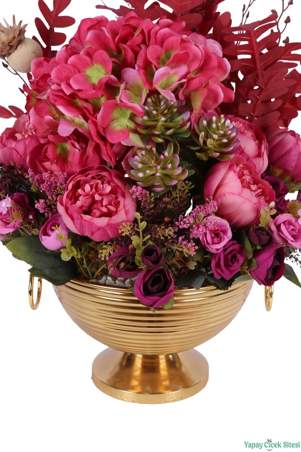 Metal Küpeli Saksıda Yapay Şakayık Tanzimi 61cm Pembe-Kırmızı - 3