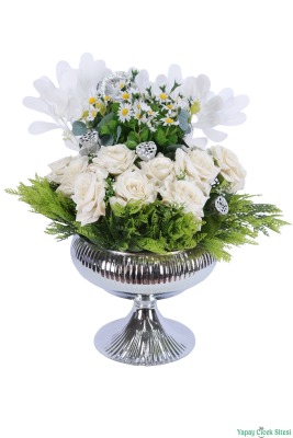 Metal Saksıda Kaliteli Gül ve Papatya Tanzimi 46cm Beyaz-Yeşil - 2
