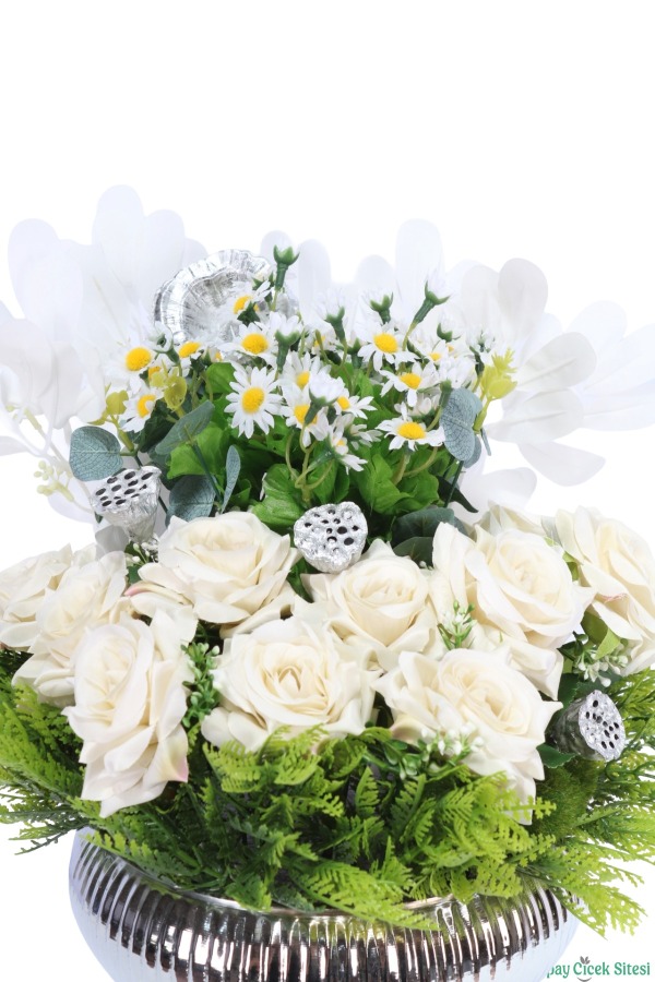 Metal Saksıda Kaliteli Gül ve Papatya Tanzimi 46cm Beyaz-Yeşil - 3