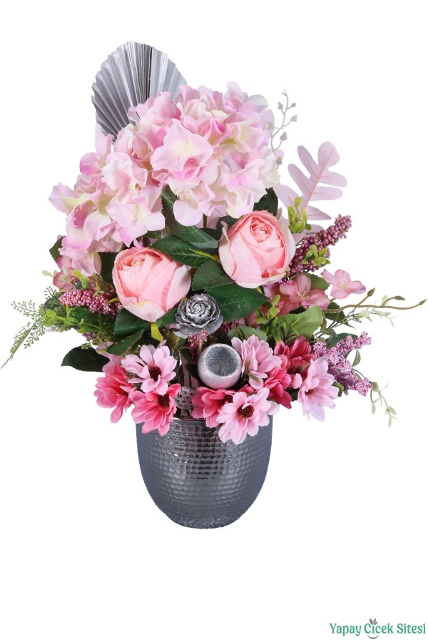 Metal Saksıda Luna Pembe Yapay Çiçek Aranjmanı 48cm Pembe - 2