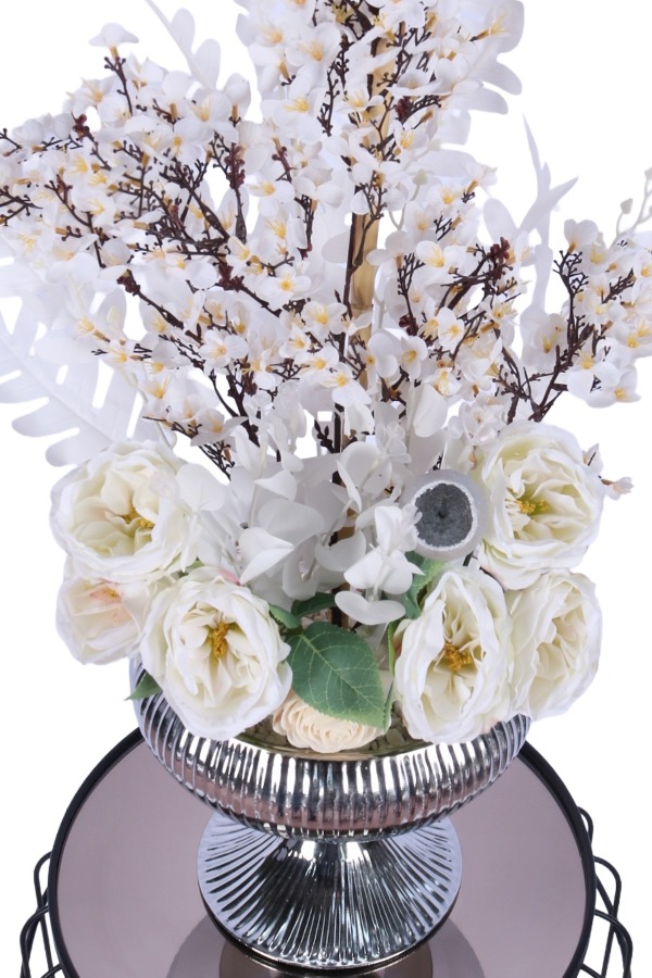 Metal Saksıda Yapay Beyaz Gül ve Kiraz Çiçeği Tanzimi 68 cm - 2