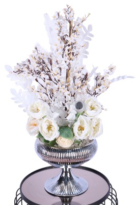 Metal Saksıda Yapay Beyaz Gül ve Kiraz Çiçeği Tanzimi 68 cm - 3