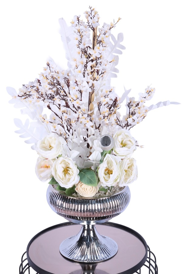Metal Saksıda Yapay Beyaz Gül ve Kiraz Çiçeği Tanzimi 68 cm - 3