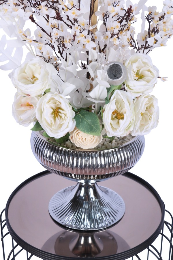 Metal Saksıda Yapay Beyaz Gül ve Kiraz Çiçeği Tanzimi 68 cm - 4