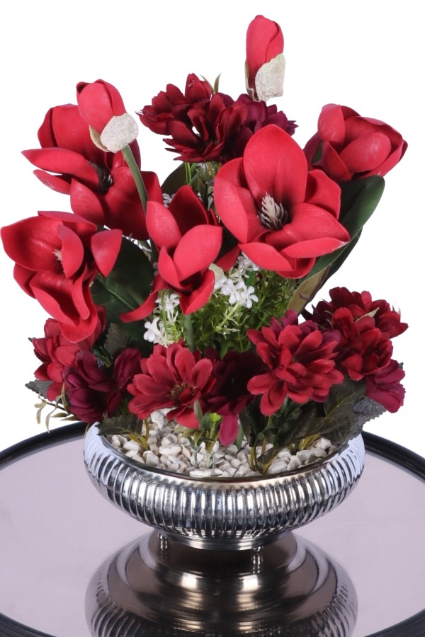 Metal Saksıda Yapay Kırmızı Manolya Tanzimi 35 cm - 3