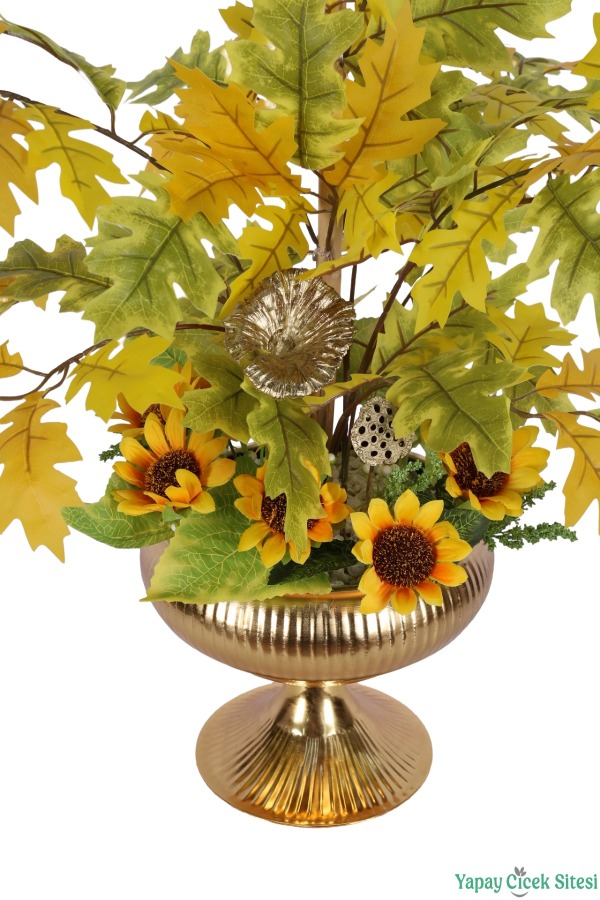 Metal Saksıda Yapay Sonbahar Yapraklı Ayçiçek Tanzimi 74 cm - 2