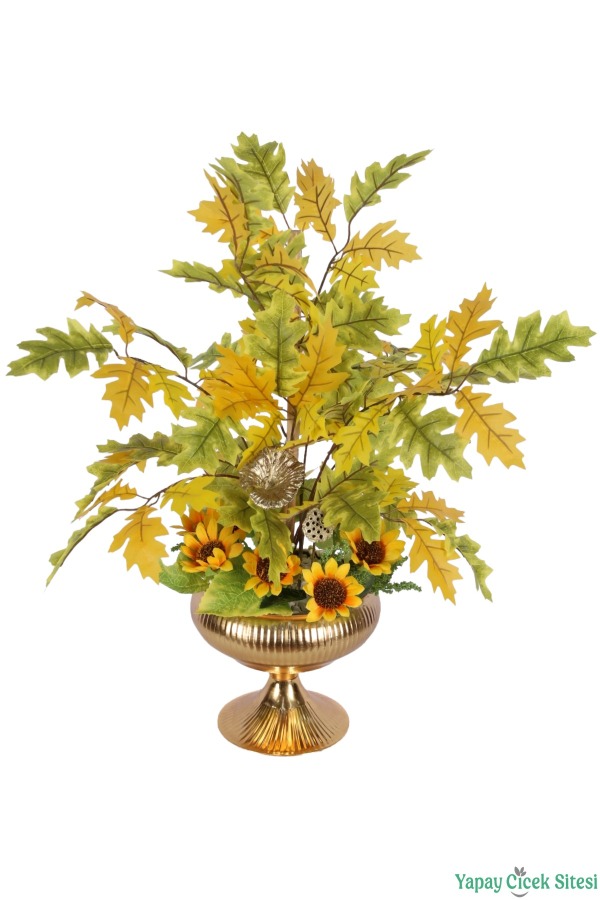Metal Saksıda Yapay Sonbahar Yapraklı Ayçiçek Tanzimi 74 cm - 3