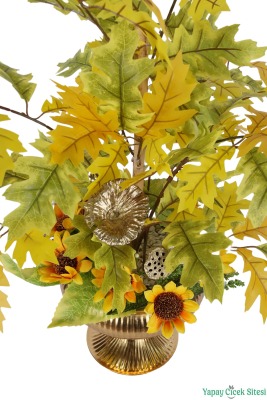 Metal Saksıda Yapay Sonbahar Yapraklı Ayçiçek Tanzimi 74 cm - 4
